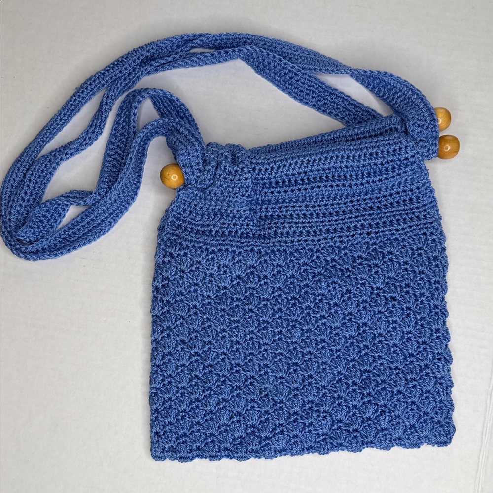 Source Unknown Blue Crochet Crossbody Bag with Wooden Bead Accents